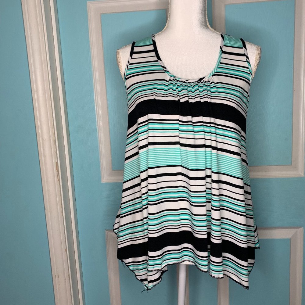 Park Avenue Green/Black/White Striped Sleeveless Blouse Medium